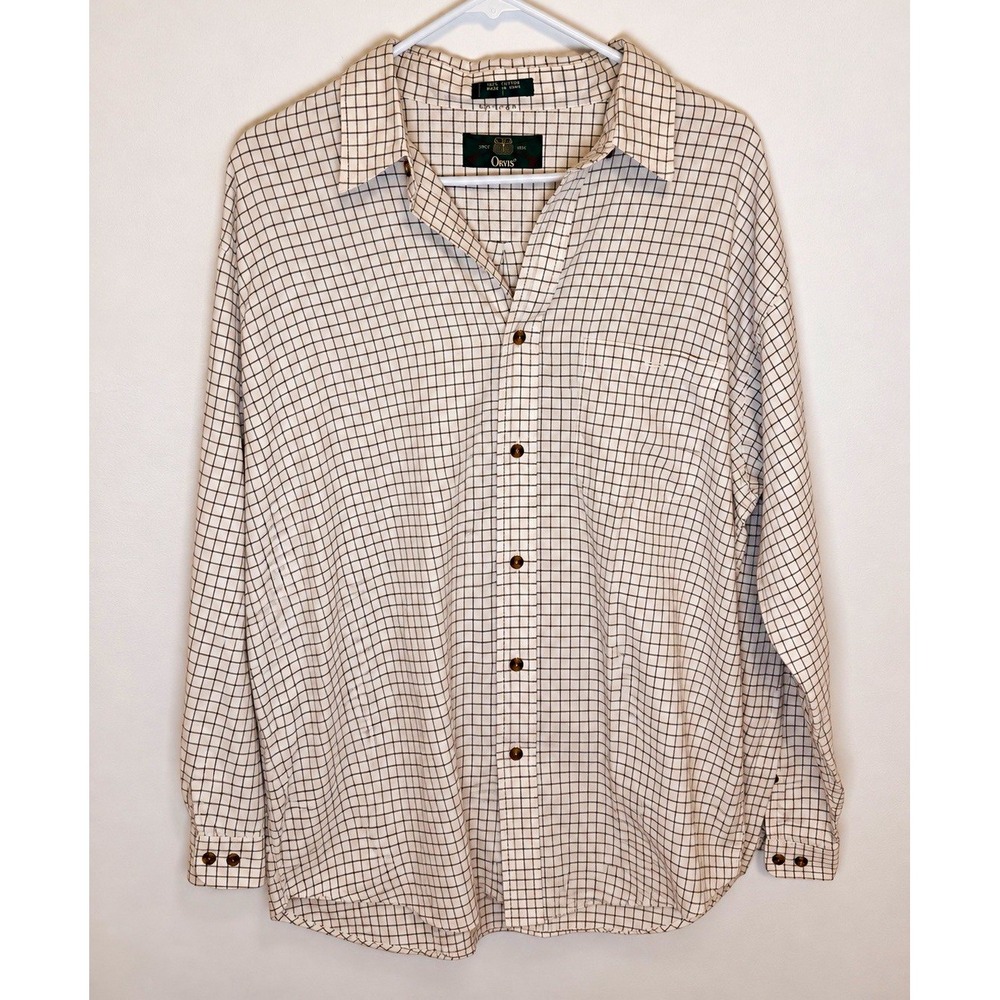 Vintage Orvis Shirt Mens Made USA 100% Cotton Windowpane Check Long Sleeve